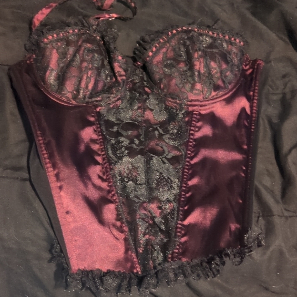 Frederick's of Hollywood Black and Burgundy Satin Corset